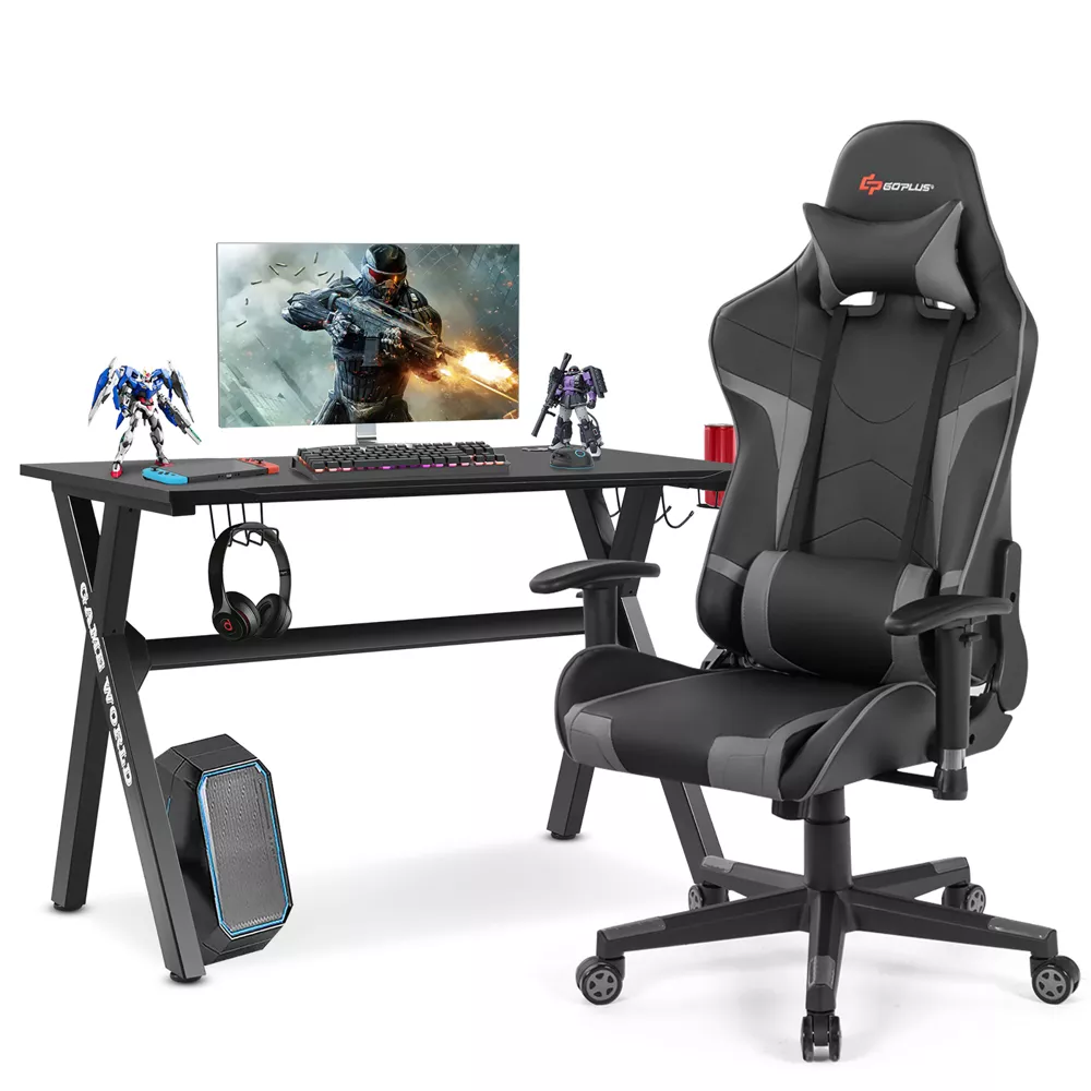 Costway X Shaped Gaming Desk & Racing Style Massage Chair Set Home Office Black+whitebluegreyred1